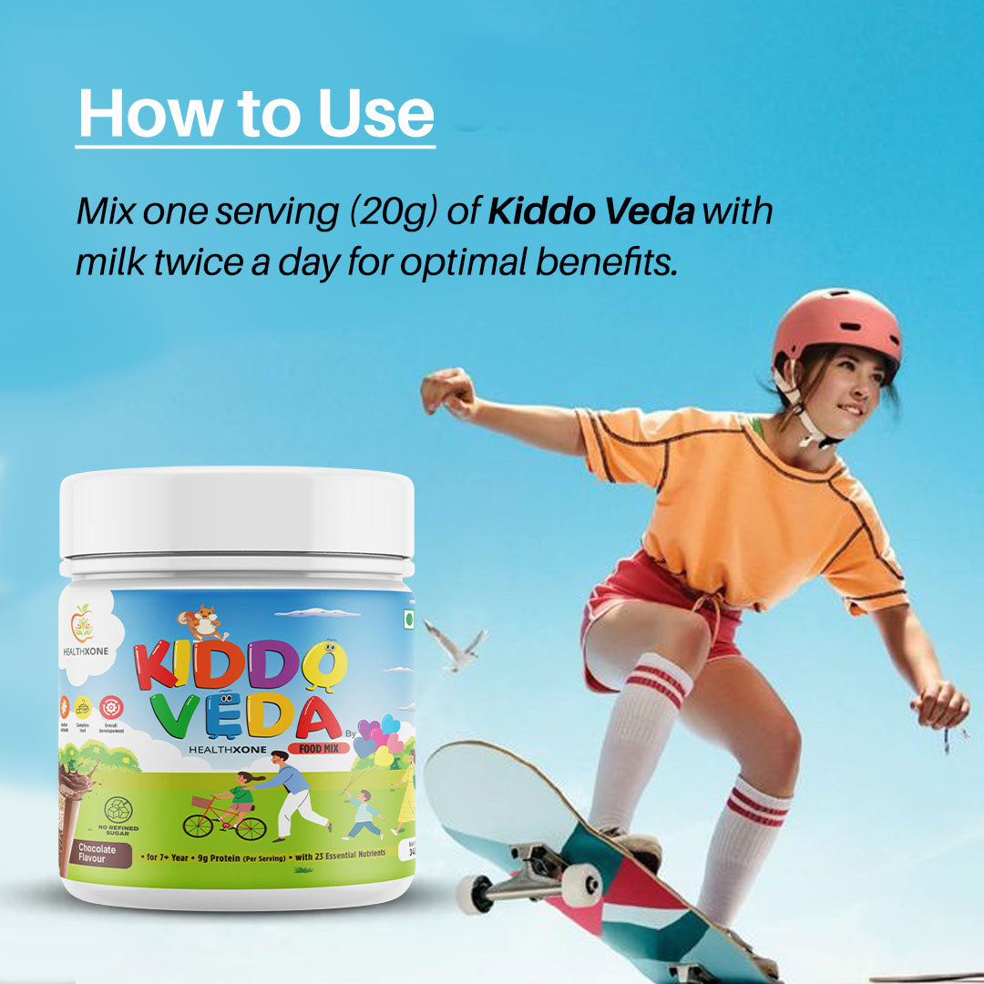 KIDDOVEDA BY HEALTHXONE Daily Nutrition Protein Mix for Kids 7+Year (340 gm) - Buy 1 Get 1 Free